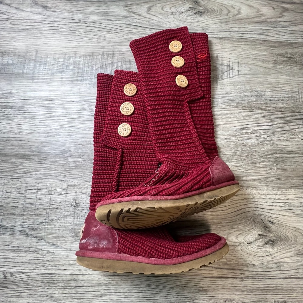 UGG Lattice Cardy Boots Womens 8 Burgundy Red Knit‎ 3-Button Tall 5819